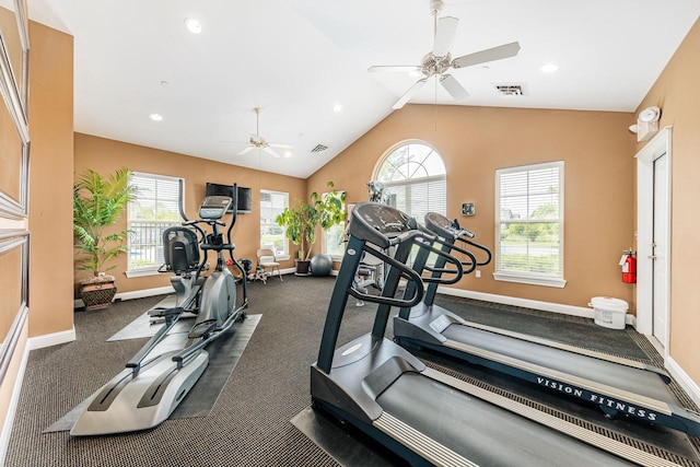 15370 Huff Way, Brookfield, WI 53005 - gym with a ceiling fan, vaulted ceiling, dark colored carpet, baseboards, and recessed lighting
