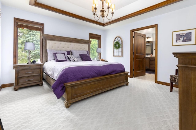 938 W Northstar Dr, Appleton, WI 54913 - bedroom with a chandelier, baseboards, light colored carpet, connected bathroom, and crown molding