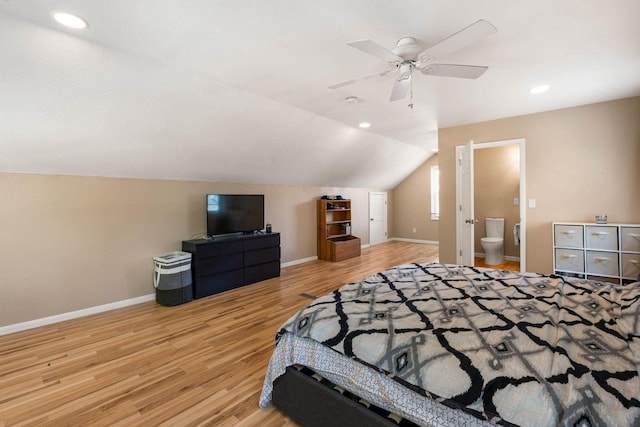 1568 S 63rd St, West Allis, WI 53214 - bedroom with light wood-type flooring, vaulted ceiling, baseboards, ceiling fan, and recessed lighting