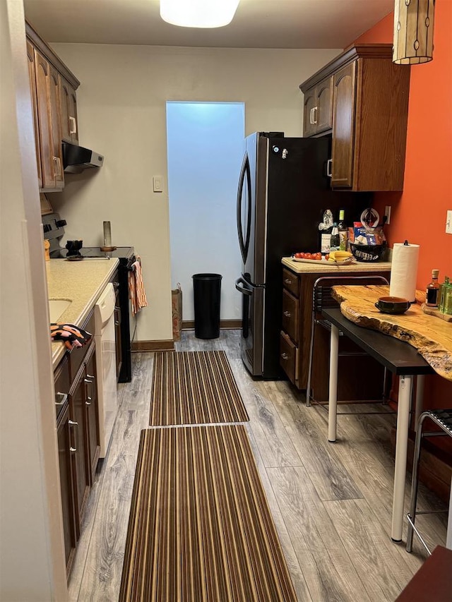 2470 W Good Hope Rd Unit 168, Glendale, WI 53209 - kitchen with light wood-style floors, light countertops, dishwasher, range hood, and dark brown cabinets