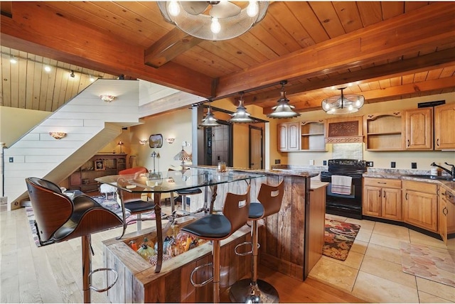W11333 862nd St, River Falls, WI 54022 - kitchen with black electric range oven, open shelves, a sink, wooden ceiling with exposed beams, and hanging light fixtures