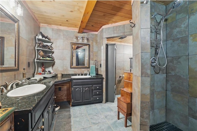 W11333 862nd St, River Falls, WI 54022 - full bathroom featuring tile walls, wood ceiling, a tile shower, two vanities, and backsplash