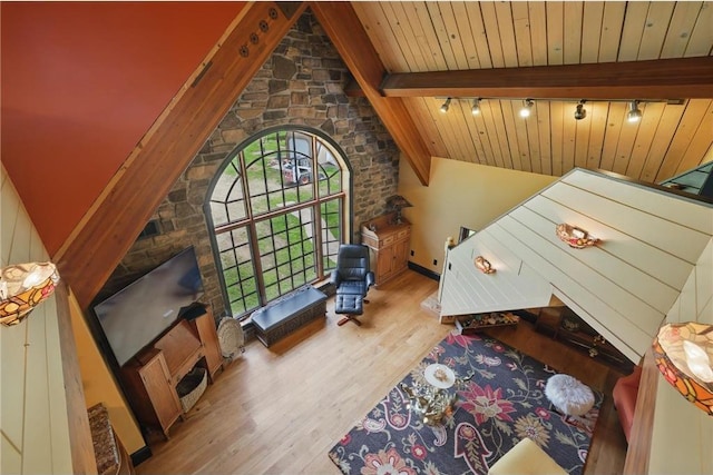 W11333 862nd St, River Falls, WI 54022 - living area with wood finished floors, rail lighting, and wood ceiling