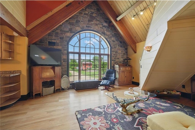 W11333 862nd St, River Falls, WI 54022 - living area with wood finished floors, high vaulted ceiling, and wood ceiling with exposed beams