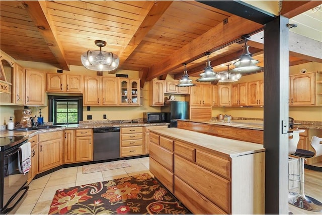 W11333 862nd St, River Falls, WI 54022 - kitchen featuring black appliances, light tile patterned floors, wooden ceiling with exposed beams, glass insert cabinets, and light countertops