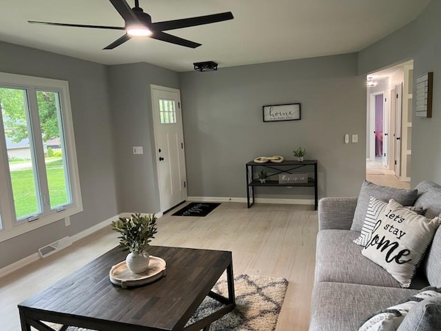 233 Inlet Shores Dr, Delavan, WI 53115 - living room with healthy amount of natural light, light wood-style floors, a ceiling fan, and baseboards
