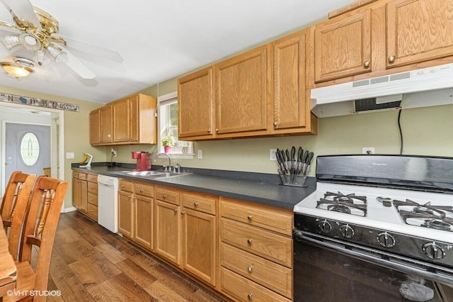 2605 Cameron St, Delavan, WI 53115 - kitchen featuring gas range, a sink, under cabinet range hood, white dishwasher, and dark wood-type flooring