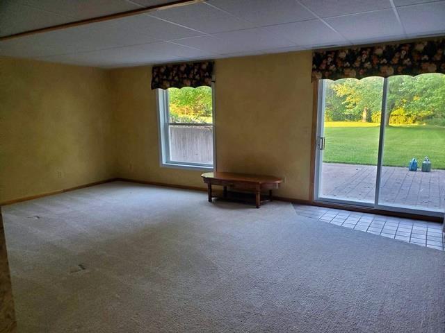 9350 County Road F, Milladore, WI 54454 - empty room featuring carpet floors, a paneled ceiling, and baseboards