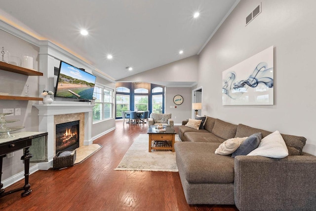 102 Abbey Ridge Ct Unit 102, Fontana, WI 53125 - living room with recessed lighting, dark wood-type flooring, a fireplace with flush hearth, high vaulted ceiling, and baseboards