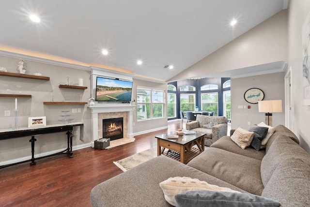 102 Abbey Ridge Ct Unit 102, Fontana, WI 53125 - living area featuring wood finished floors, recessed lighting, high vaulted ceiling, a glass covered fireplace, and baseboards