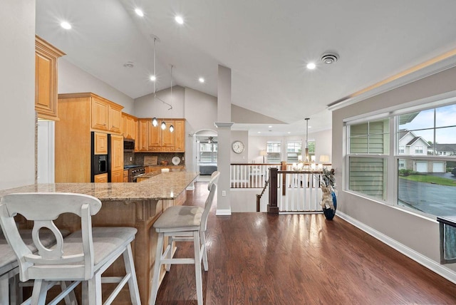 102 Abbey Ridge Ct Unit 102, Fontana, WI 53125 - kitchen featuring premium appliances, light stone countertops, baseboards, lofted ceiling, and dark wood-type flooring