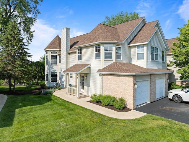 102 Abbey Ridge Ct Unit 102, Fontana, WI 53125 - view of front of house featuring a chimney, roof with shingles, driveway, a front lawn, and an attached garage
