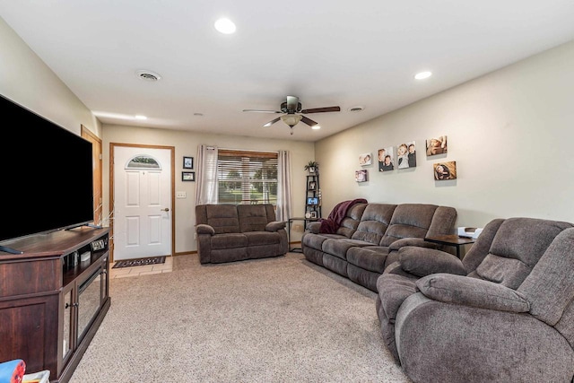 1390 21st St, Hazel Green, WI 53811 - living room with ceiling fan, light colored carpet, and recessed lighting