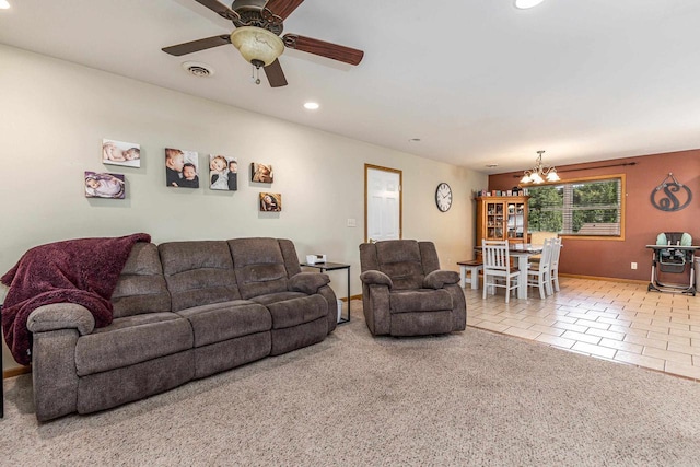 1390 21st St, Hazel Green, WI 53811 - tiled living room with a chandelier, recessed lighting, baseboards, and a ceiling fan