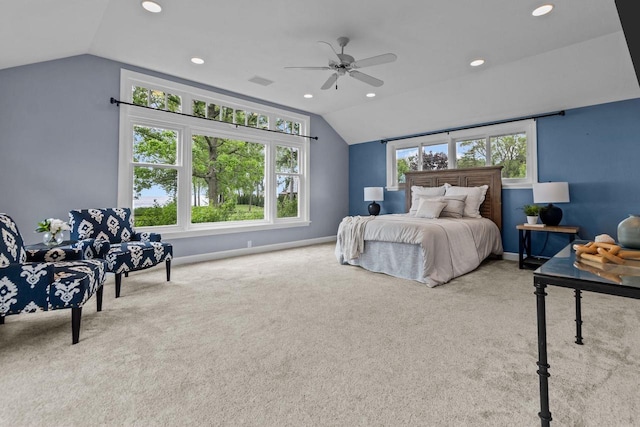 4080 Windermere Ln, Oshkosh, WI 54902 - bedroom with vaulted ceiling, carpet, baseboards, recessed lighting, and ceiling fan