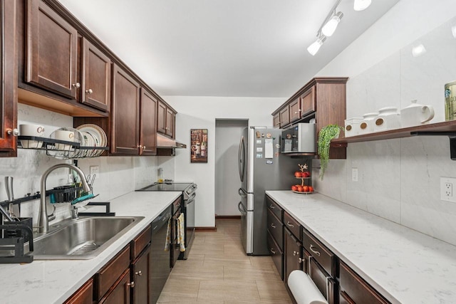 2350 Good Hope Rd Unit 156, Glendale, WI 53209 - kitchen featuring open shelves, under cabinet range hood, a sink, dishwasher, and decorative backsplash
