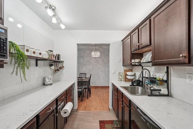 2350 Good Hope Rd Unit 156, Glendale, WI 53209 - kitchen featuring open shelves, a sink, dishwashing machine, dark brown cabinets, and light wood-style floors