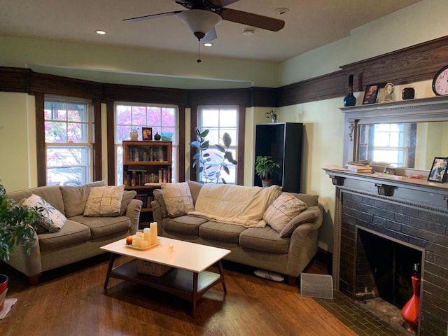 2723 N Downer Ave Unit 2725, 2725A, Milwaukee, WI 53211 - living room featuring wood finished floors, a brick fireplace, and ceiling fan