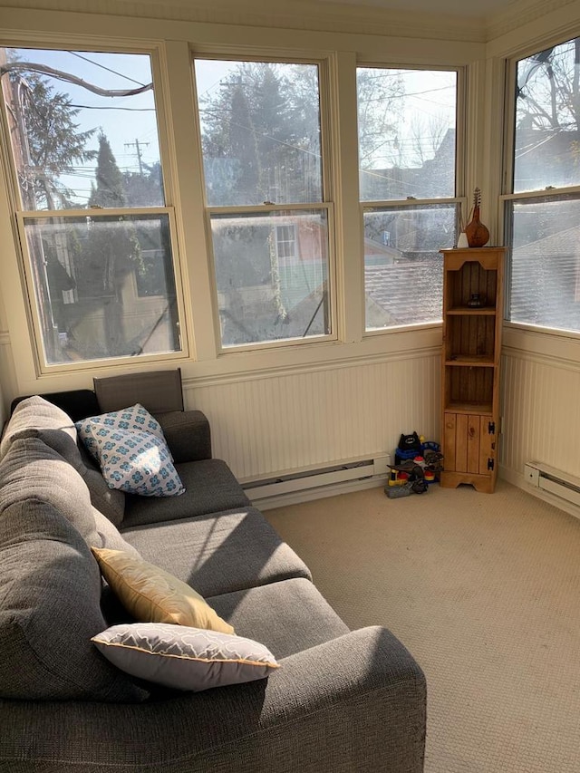 2723 N Downer Ave Unit 2725, 2725A, Milwaukee, WI 53211 - sunroom featuring a baseboard heating unit, carpet flooring, and a wainscoted wall