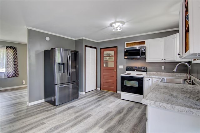 N211 County Road J, Hatfield, WI 54754 - kitchen with appliances with stainless steel finishes, a sink, white cabinetry, light wood-type flooring, and crown molding