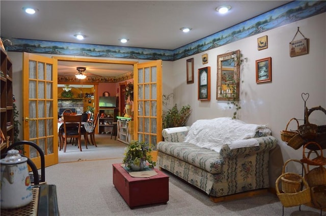 4878N Fur Farm Trl, Winter, WI 54896 - living area with french doors, carpet floors, ceiling fan, and recessed lighting