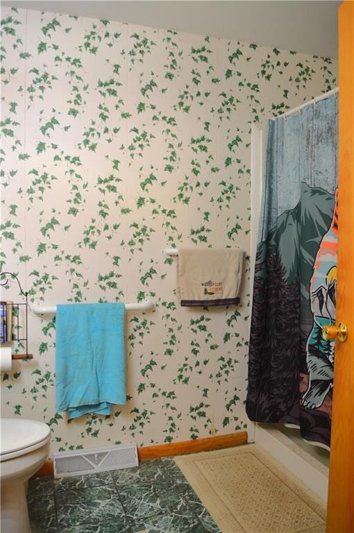 4878N Fur Farm Trl, Winter, WI 54896 - full bath featuring wallpapered walls, a shower stall, toilet, and baseboards