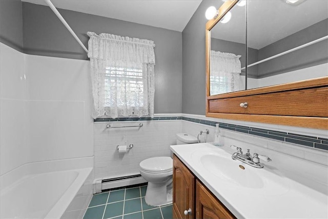 1365 Woodbridge St, Saint Paul, MN 55117 - full bath with a baseboard radiator, vanity, tile patterned floors, toilet, and tub / shower combination
