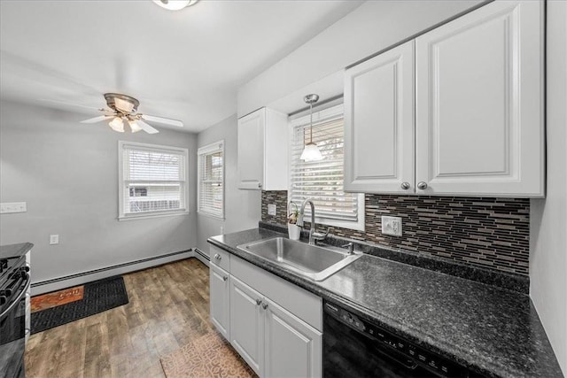 1365 Woodbridge St, Saint Paul, MN 55117 - kitchen with a baseboard heating unit, black dishwasher, a sink, dark countertops, and decorative backsplash