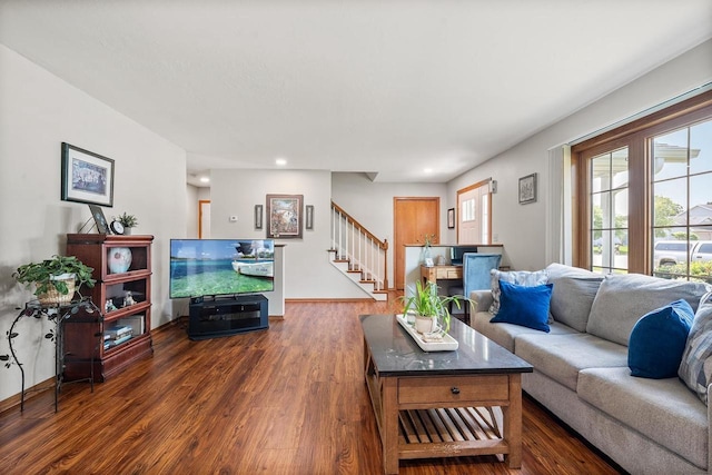 2592 Radinz Rd, Green Bay, WI 54311 - living room with stairway, dark wood-style flooring, and recessed lighting