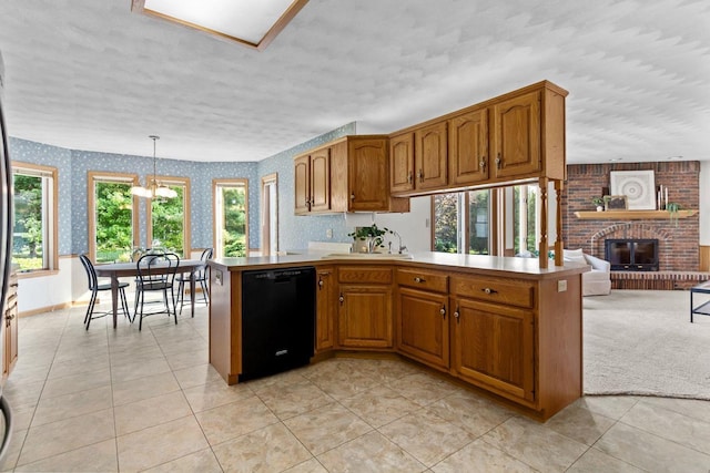 146 Old Orchard Ln, Neenah, WI 54956 - kitchen with dishwasher, wallpapered walls, brown cabinets, a textured ceiling, and light tile patterned flooring