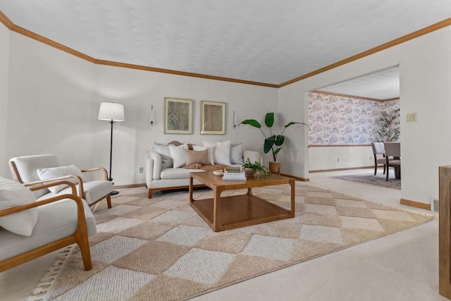 146 Old Orchard Ln, Neenah, WI 54956 - carpeted living area with baseboards, ornamental molding, and wallpapered walls