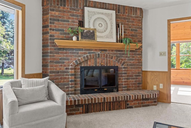 146 Old Orchard Ln, Neenah, WI 54956 - living area featuring a fireplace, a wainscoted wall, wooden walls, and carpet