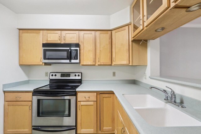 809 Harbor House Dr Unit 4, Madison, WI 53719 - kitchen with stainless steel appliances, light brown cabinetry, a sink, light countertops, and glass insert cabinets