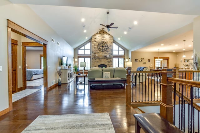 392 Campbell Hill Ct, Deforest, WI 53532 - living room with ceiling fan, wood-type flooring, recessed lighting, high vaulted ceiling, and baseboards