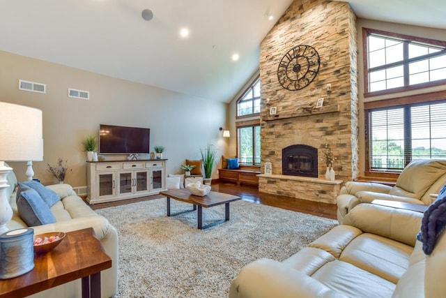 392 Campbell Hill Ct, Deforest, WI 53532 - living room with high vaulted ceiling, wood finished floors, and a fireplace