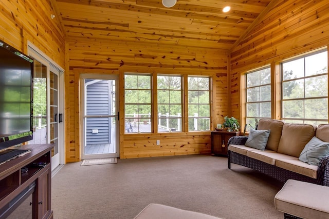 392 Campbell Hill Ct, Deforest, WI 53532 - sunroom with vaulted ceiling, wood walls, carpet, and wooden ceiling