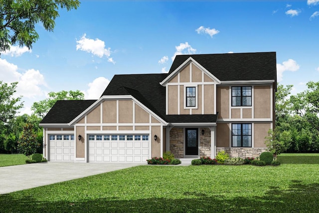 599 Twin Creeks Dr, Dousman, WI 53118 - tudor home with stucco siding, stone siding, a garage, a front lawn, and driveway