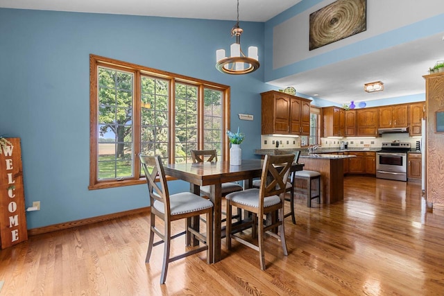 3544 Windsong Ter, Oshkosh, WI 54904 - dining space with a chandelier, wood finished floors, baseboards, and high vaulted ceiling