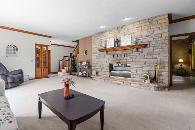 3544 Windsong Ter, Oshkosh, WI 54904 - carpeted living room with crown molding, a stone fireplace, and stairs