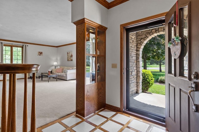 3544 Windsong Ter, Oshkosh, WI 54904 - foyer featuring ornamental molding, inlaid floor details, baseboards, and light colored carpet
