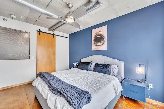 102 N Water St Unit 411, Milwaukee, WI 53202 - bedroom with a barn door, finished concrete flooring, ceiling fan, and a closet
