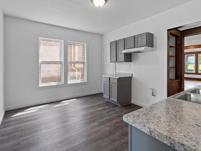 2544 N 35th St Unit 2546, Milwaukee, WI 53210 - kitchen with dark wood finished floors, baseboards, gray cabinetry, light countertops, and under cabinet range hood