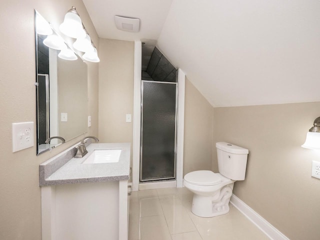 8428 Fox River Rd, Waterford, WI 53185 - full bathroom with toilet, a stall shower, vanity, tile patterned floors, and lofted ceiling