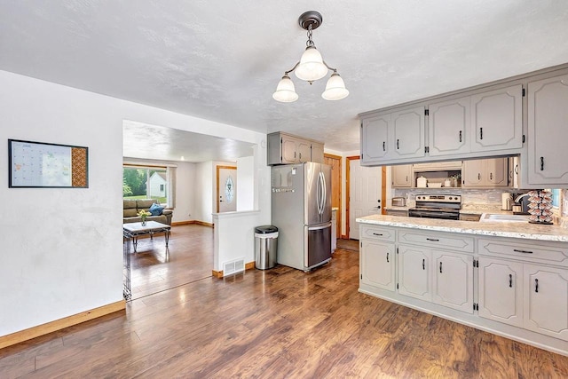 718 Fathom Pl, Sturgeon Bay, WI 54235 - kitchen featuring appliances with stainless steel finishes, gray cabinetry, a sink, and dark wood-style flooring
