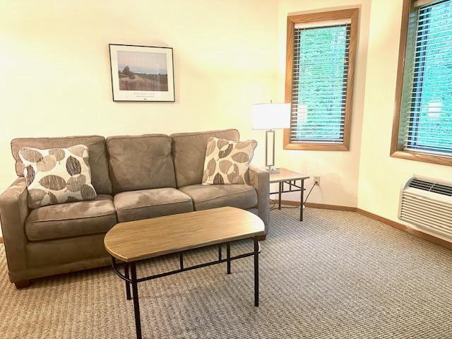 7741 State Highway 42 Unit 105, Egg Harbor, WI 54209 - living room with healthy amount of natural light, baseboards, carpet flooring, and a wall mounted air conditioner