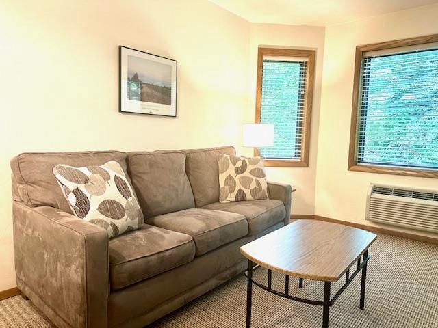7741 State Highway 42 Unit 105, Egg Harbor, WI 54209 - living area featuring baseboards, an AC wall unit, and carpet flooring