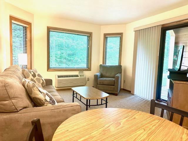 7741 State Highway 42 Unit 105, Egg Harbor, WI 54209 - living area featuring a wall mounted AC and carpet floors