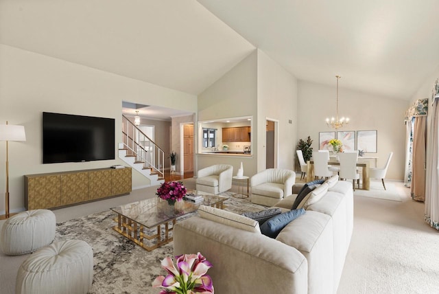10109 N Gettysburg Ct, Mequon, WI 53092 - living area featuring light carpet, a chandelier, stairs, and high vaulted ceiling