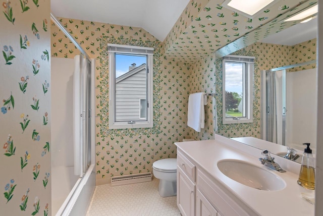 10109 N Gettysburg Ct, Mequon, WI 53092 - bathroom with baseboard heating, wallpapered walls, lofted ceiling, vanity, and shower / bath combination with glass door