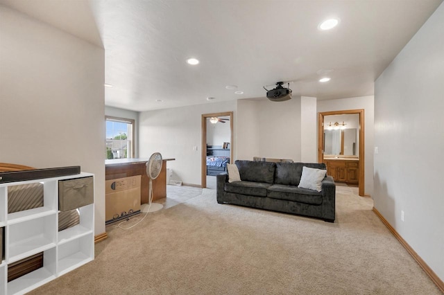 2527 W Crais Ct, De Pere, WI 54115 - living room with light carpet, recessed lighting, baseboards, and a ceiling fan